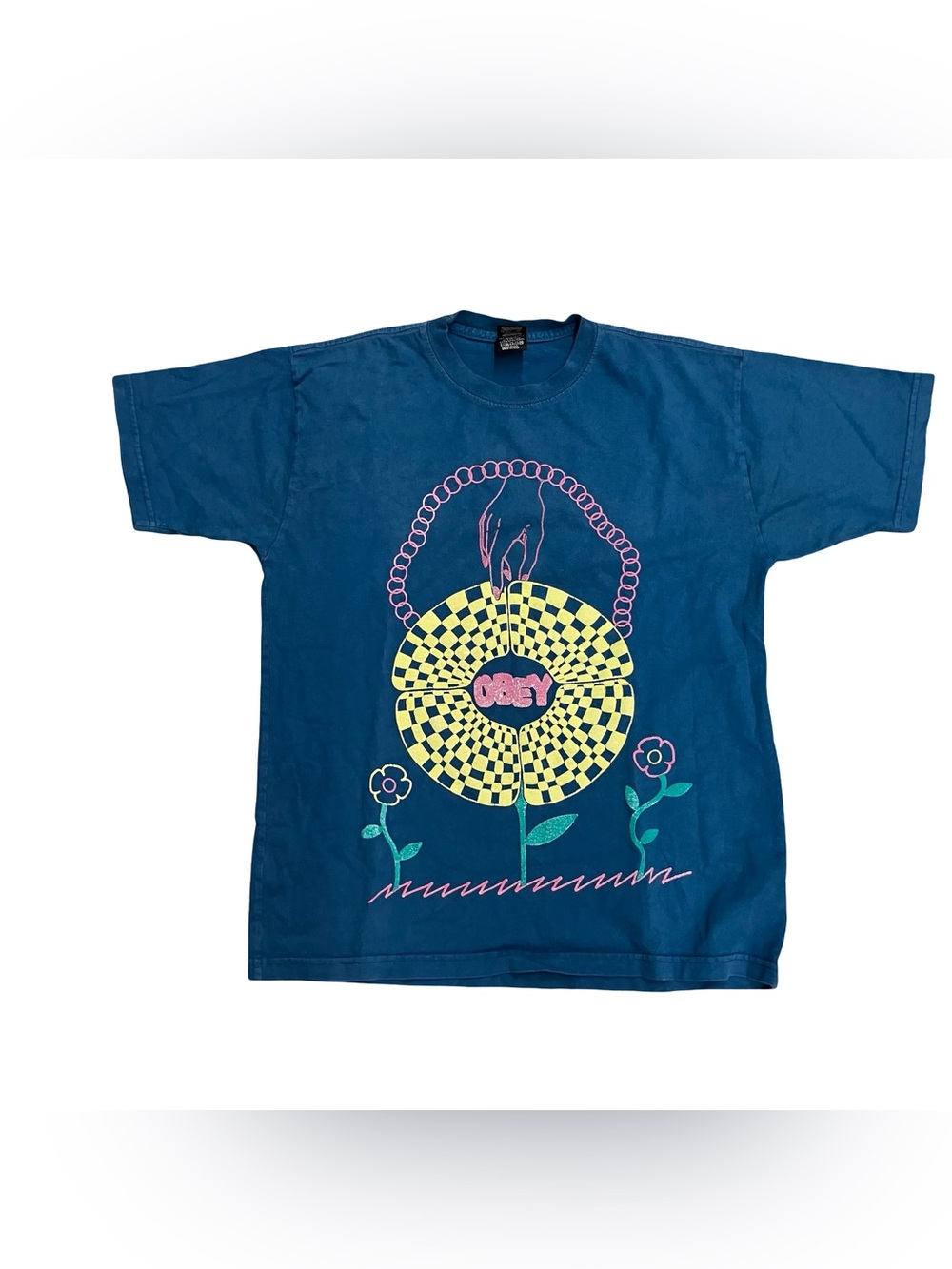 Obey Graphic Tshirt Floral Print Psychedelic Flowers M Blue Checkers Streetwear